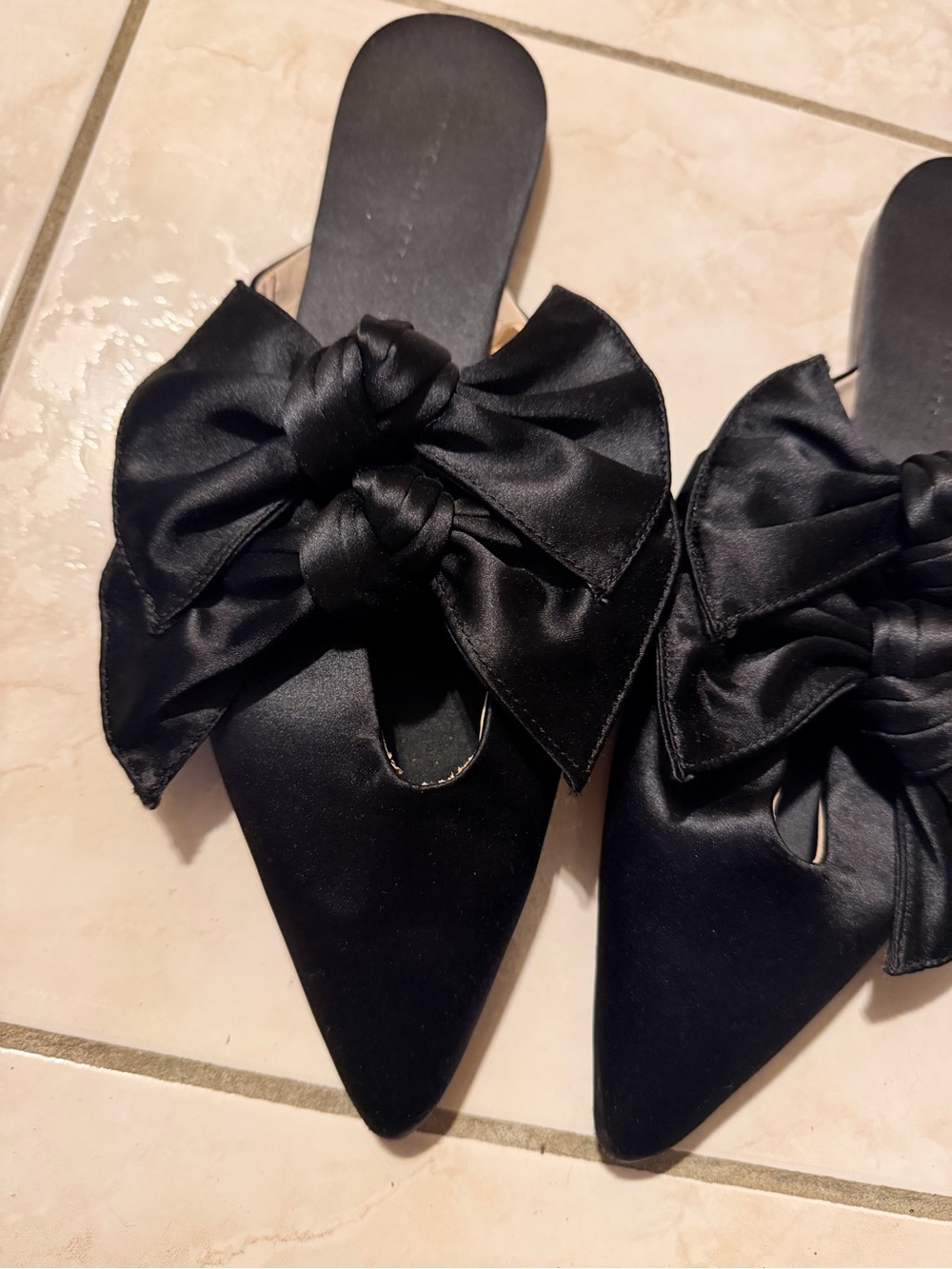 Zara Black Satin Pointed Bow Slide Mules